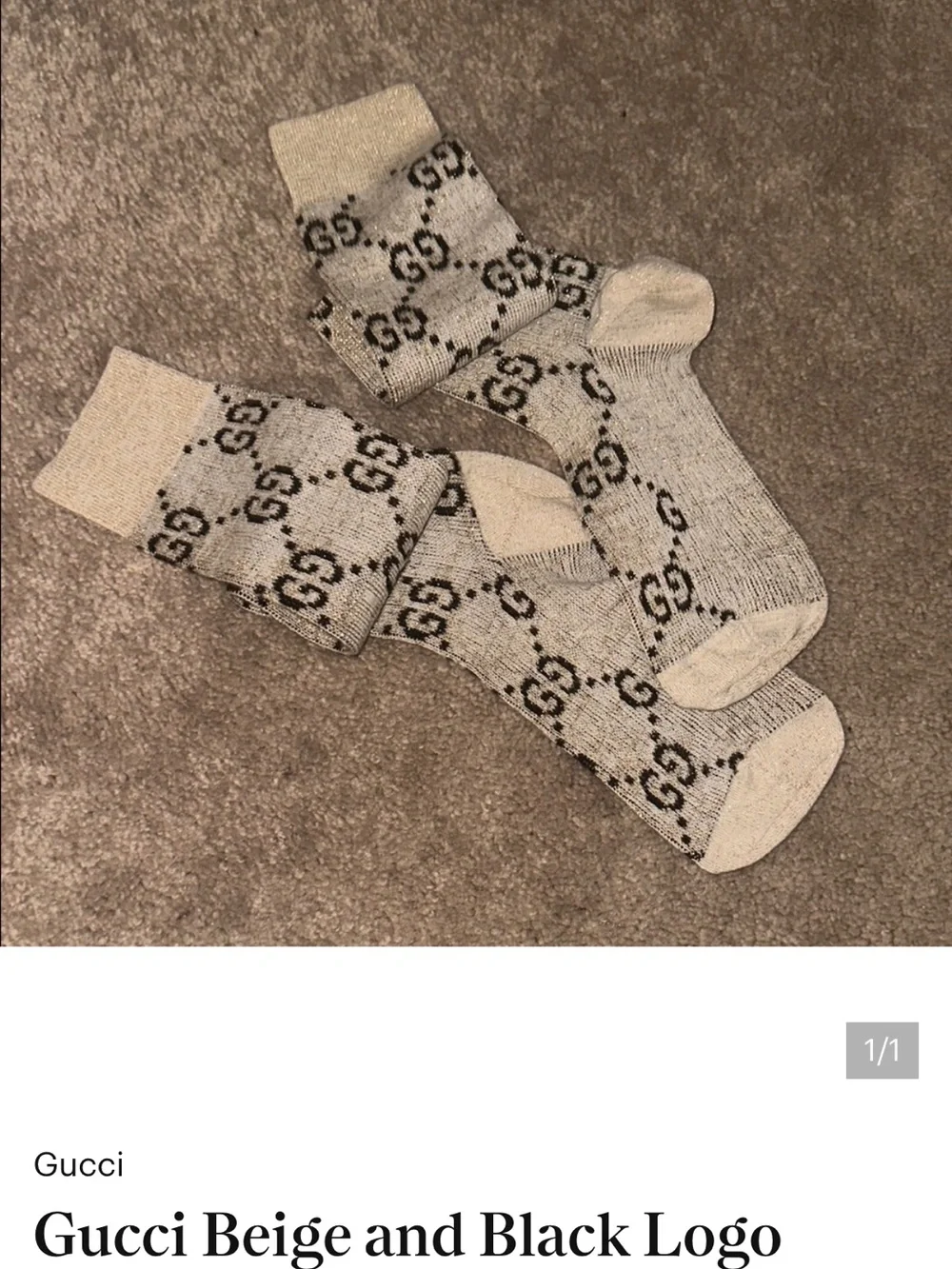 Gucci Beige Crew Socks with Black GG Logo